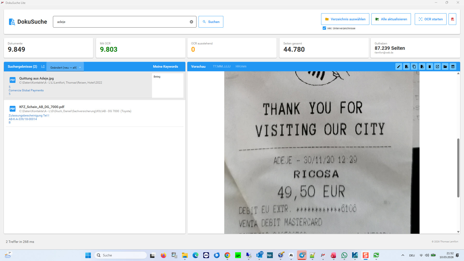 Restaurantquittung mit dem Ort Adeje auf Teneriffa