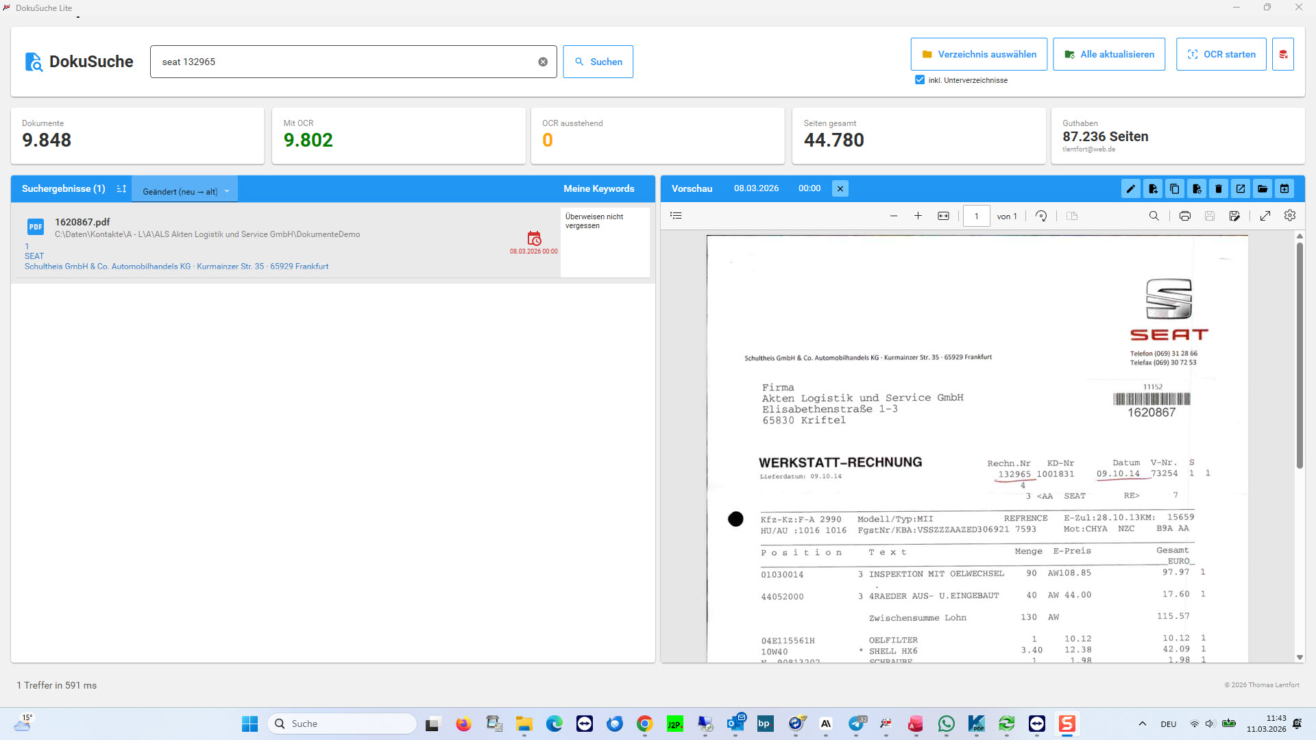 DokuSuche Oberfläche als Beispiel für Vertrags- und Dokumentensuche