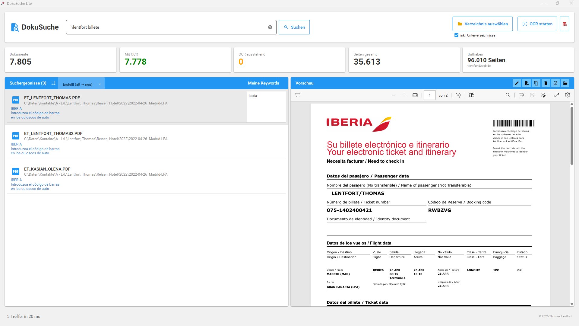 DokuSuche mit Suchfeld, Trefferliste und Dokumentenvorschau