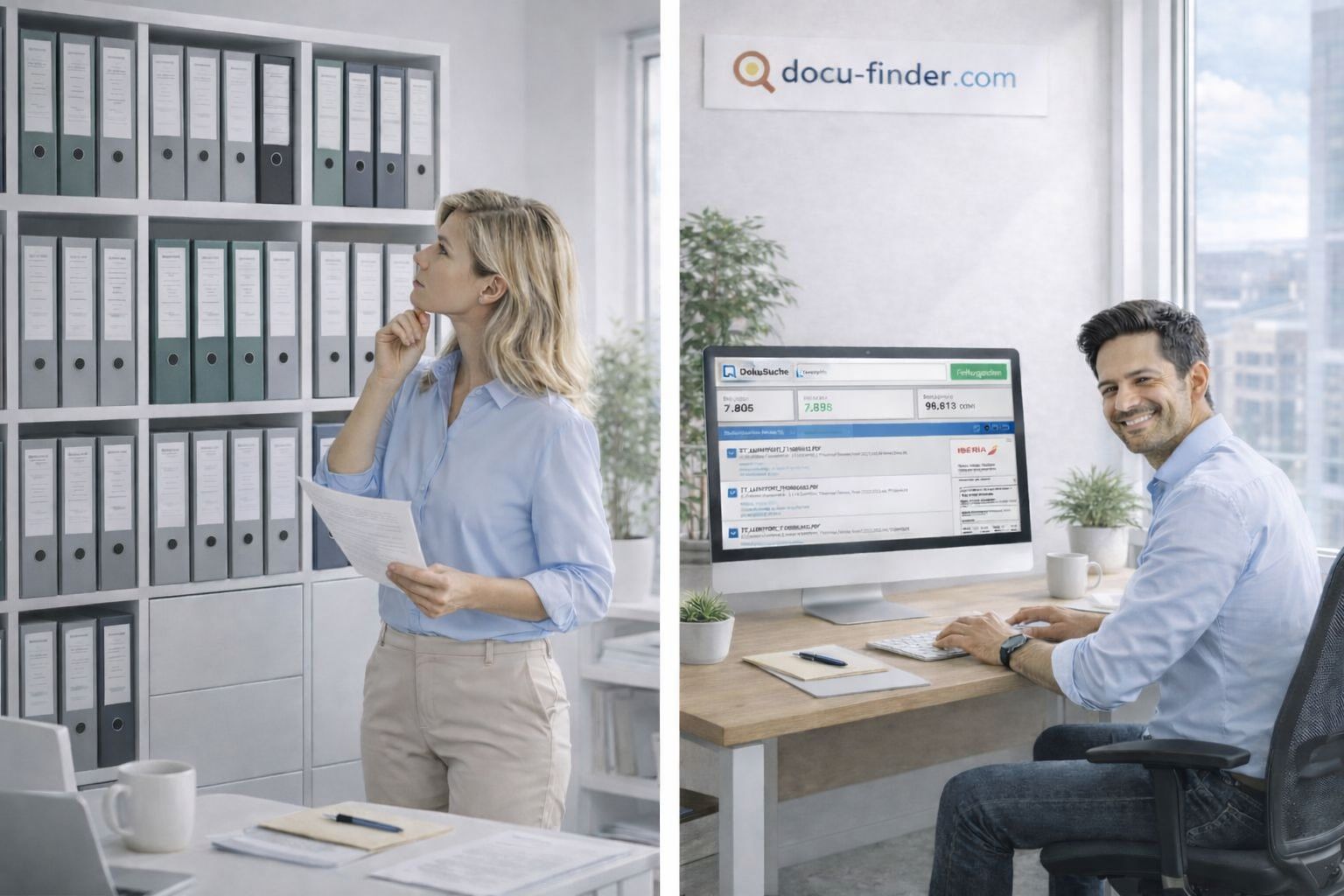 Von Aktenchaos zu sofort gefunden: links die Frage 'Wo soll ich das abheften?', rechts die Lösung mit DokuSuche.